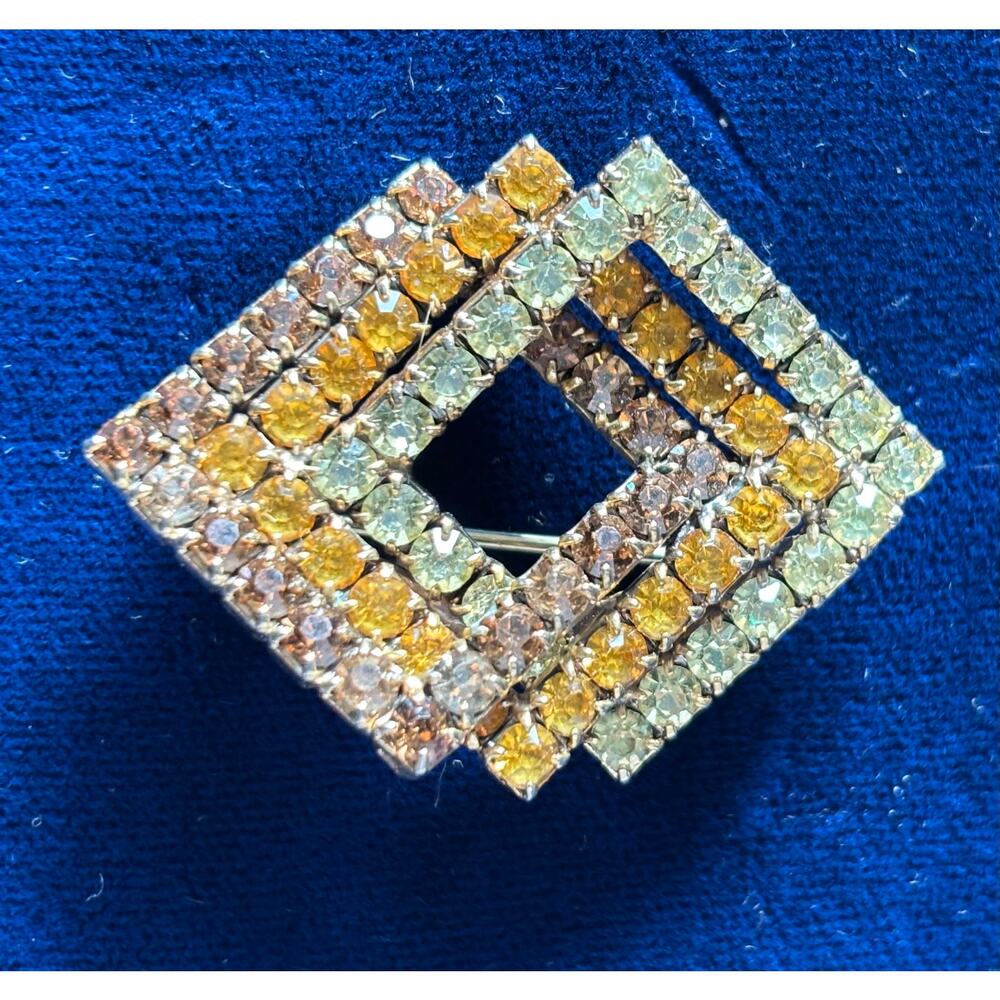 Vintage Brooch Pin Triple Square Crystal Rhinestones 1 3/4" x 1 1/4" Lapel Pin